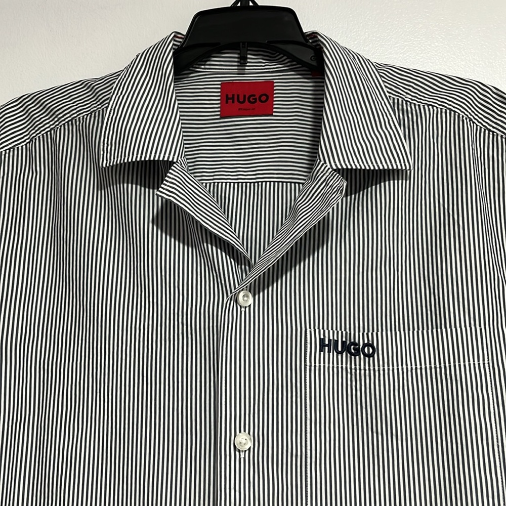 HUGO Hugo Boss Men’s a Cotton Strip Short Sleeve Casual Button Up Shirt Sz Large